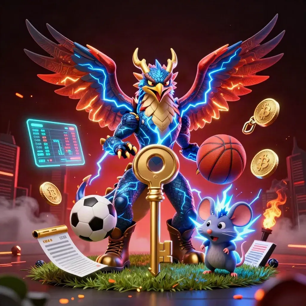 Lightning dragon, hawk, and mouse amid balls, coins, and casino sports effects