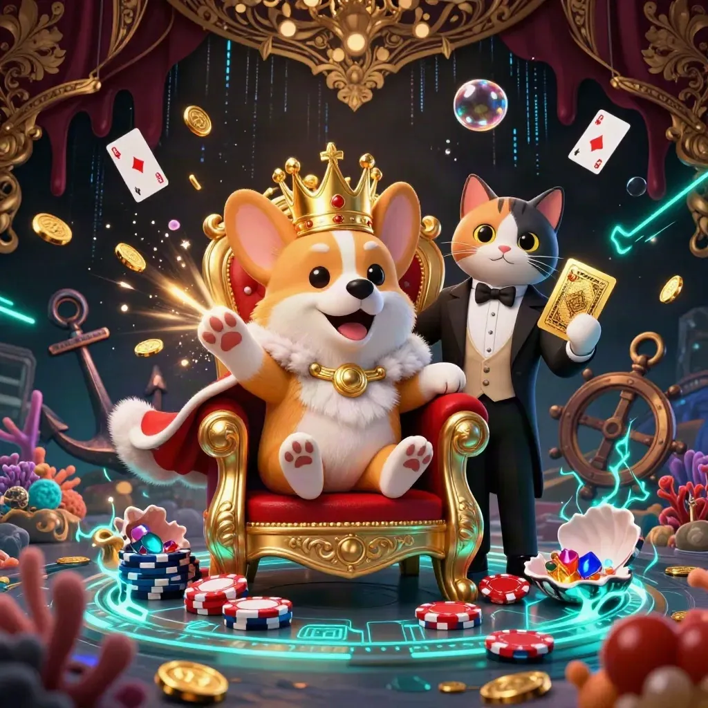 Royal corgi king and cat butler amid a glowing treasure cove with coins, coral, and teal energy.