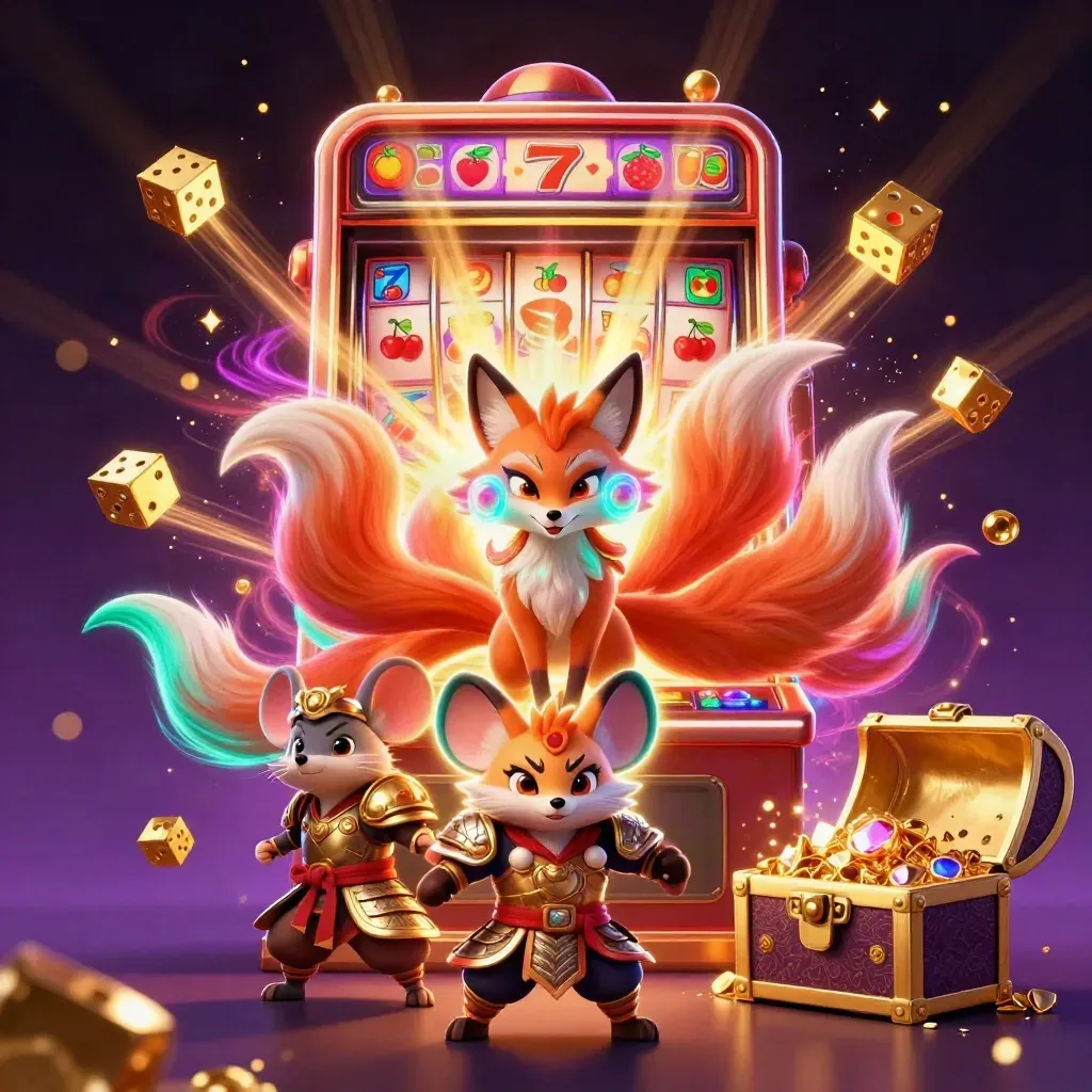 Fox spirit and armored mouse amid exploding slots, gold, gems, and neon casino magic