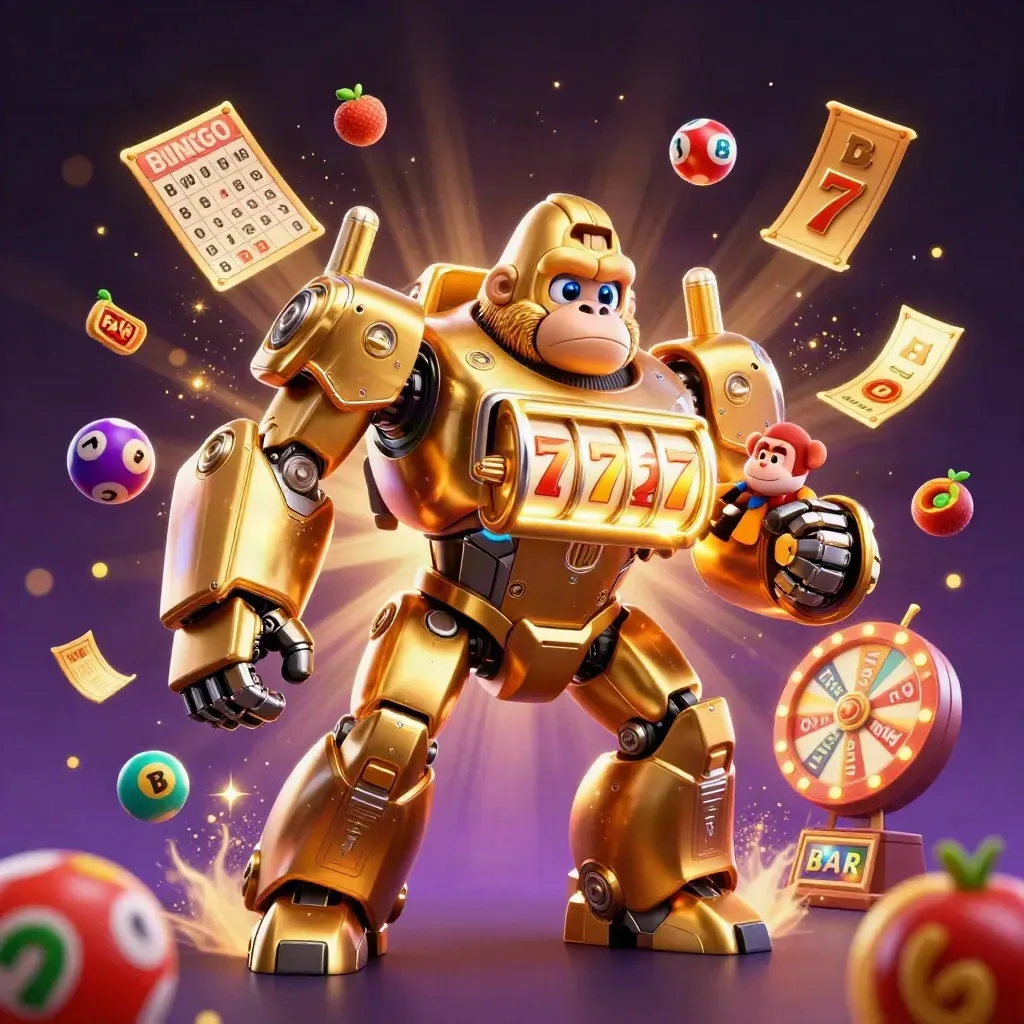Golden gorilla mech with monkey pilot, reels, lottery balls, prize wheel, and casino lights.