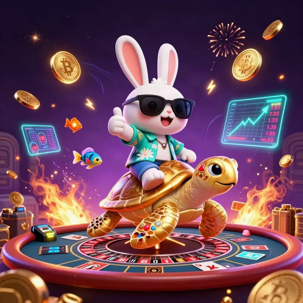 Lucky rabbit on golden sea turtle amid coins, vault blast, crypto icons, fireworks and casino glow.