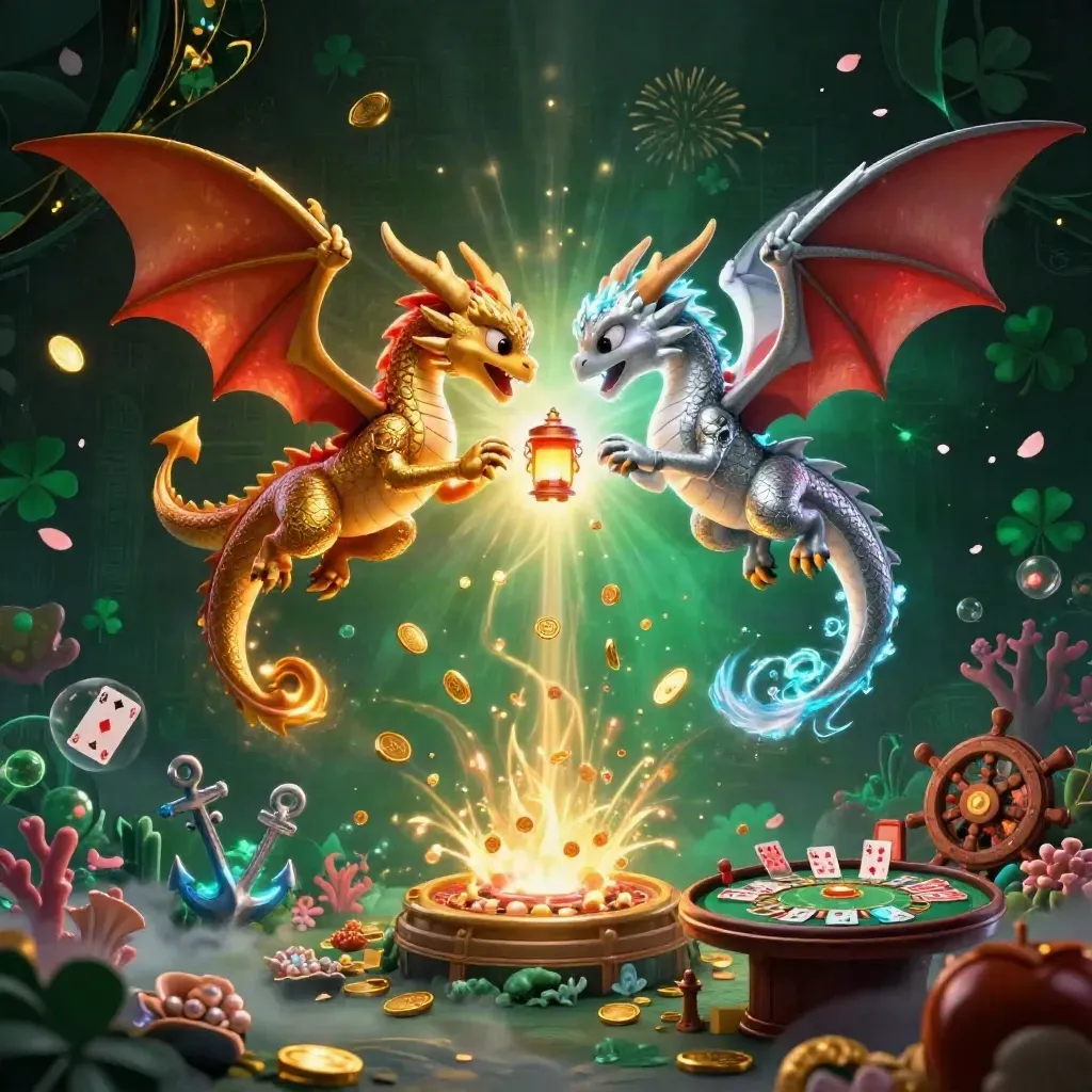 Gold and silver dragons spiral in a casino treasure cove with coins, cards, and glowing effects.