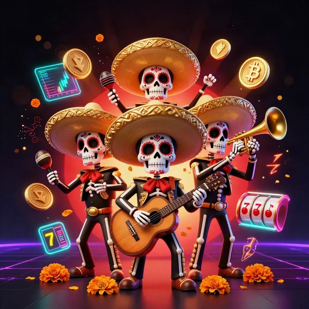 Three skeleton mariachi heroes with coins, reels, lightning and gold glow on a dark casino grid.